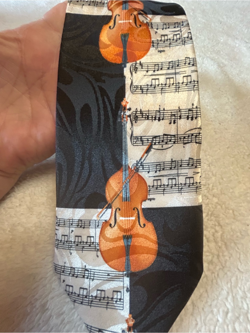 🎁3 for $30 - Music Note Necktie with Orange Violin Motif